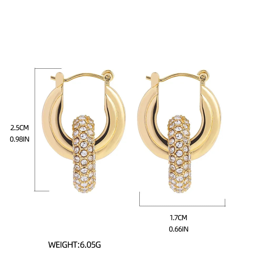 Punk Circle Pendant Shiny Rhinestone Stainless Steel Drop Earrings Bilayer Oval Round Rust Proof Party Zircon Huggie Jewelry New